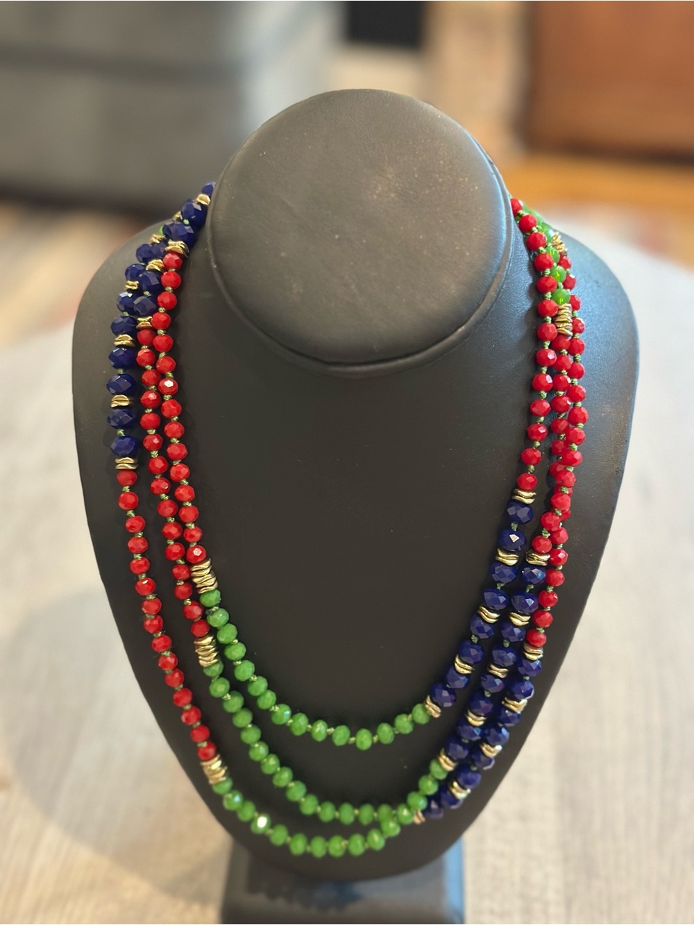 62” Long Multicolor Faceted Bead Necklace Red Green Cobalt Blue Gold Boho